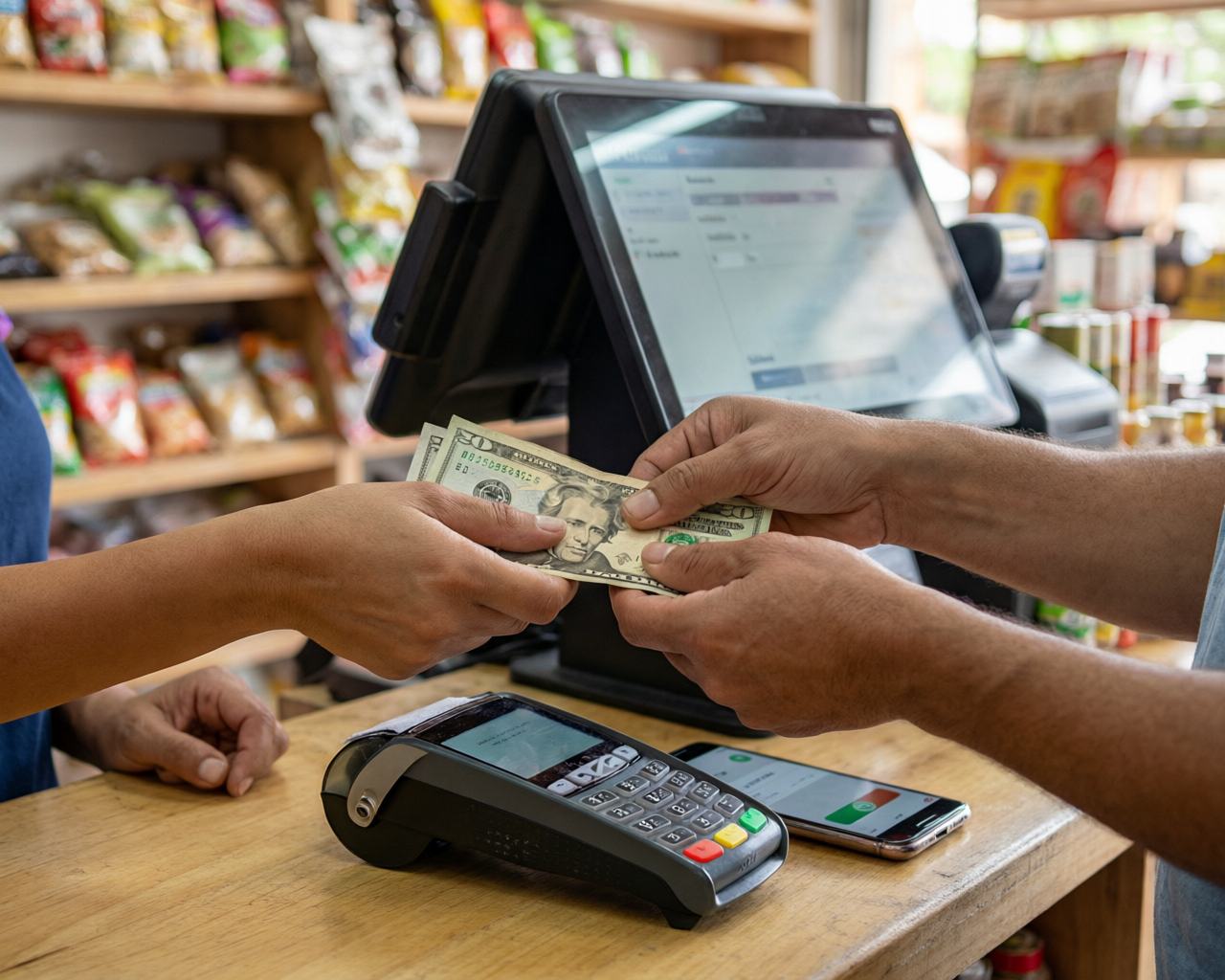 Cliente pagando con dólares y punto de venta en el mostrador